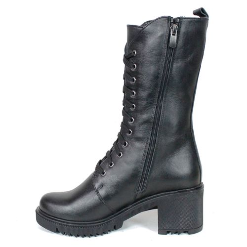 Ghete damă Valora Nera din piele naturală neagră cu șireturi și fermoar
