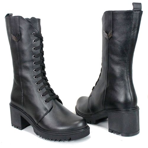 Ghete damă Valora Nera din piele naturală neagră cu șireturi și fermoar