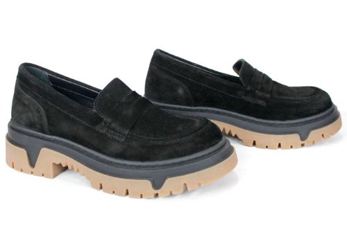 Pantofi loafer damă Aurora Line din velur natural negru cu talpă groasă contrastantă