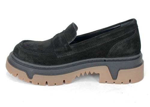 Pantofi loafer damă Aurora Line din velur natural negru cu talpă groasă contrastantă