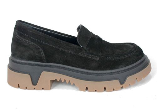 Pantofi loafer damă Aurora Line din velur natural negru cu talpă groasă contrastantă