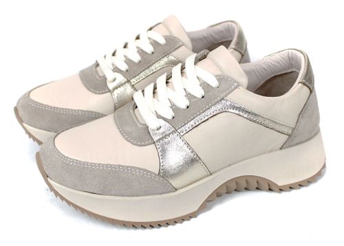 Pantofi sport damă Luce Argento din piele naturală bej și velur cu accente aurii