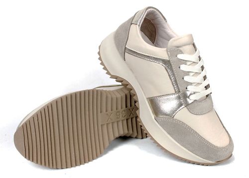 Pantofi sport damă Luce Argento din piele naturală bej și velur cu accente aurii