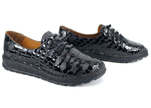Linea Croco – pantofi damă mărimi mari din piele naturală lăcuită, negri