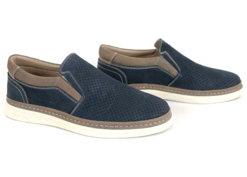 Pantofi bărbătești de vară fără șireturi din nabuc natural albastru închis cu detalii bej