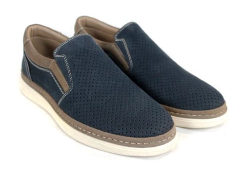 Pantofi bărbătești de vară fără șireturi din nabuc natural albastru închis cu detalii bej