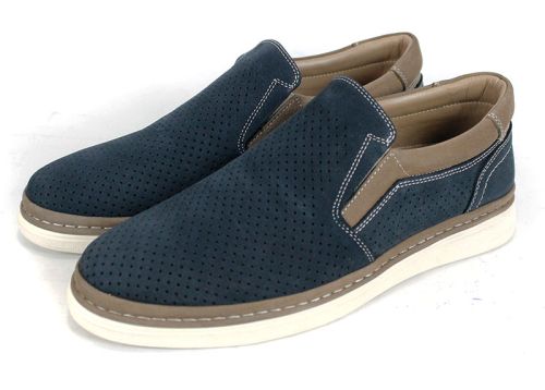 Pantofi bărbătești de vară fără șireturi din nabuc natural albastru închis cu detalii bej
