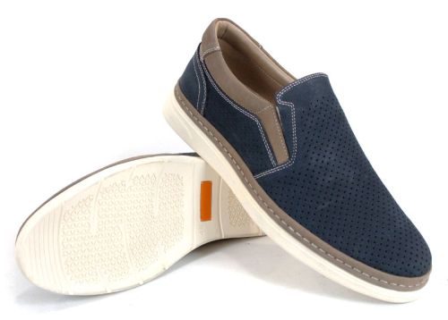 Pantofi bărbătești de vară fără șireturi din nabuc natural albastru închis cu detalii bej