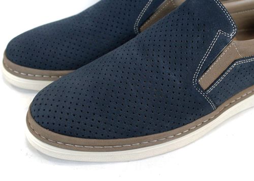 Pantofi bărbătești de vară fără șireturi din nabuc natural albastru închis cu detalii bej