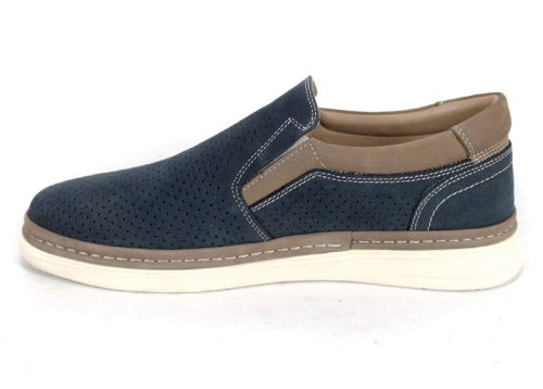 Pantofi bărbătești de vară fără șireturi din nabuc natural albastru închis cu detalii bej