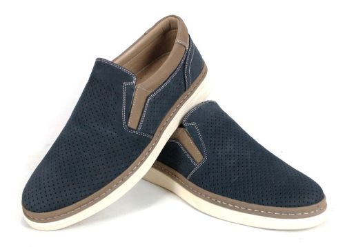 Pantofi bărbătești de vară fără șireturi din nabuc natural albastru închis cu detalii bej