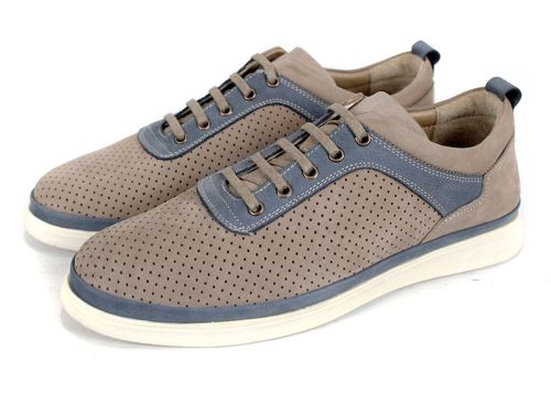 Pantofi bărbătești Arvo Pace din nabuc natural perforat bej cu accente denim