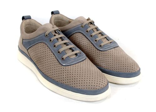 Pantofi bărbătești Arvo Pace din nabuc natural perforat bej cu accente denim