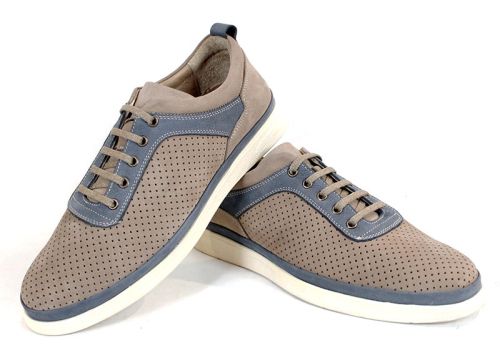 Pantofi bărbătești Arvo Pace din nabuc natural perforat bej cu accente denim