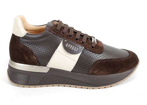 Sneakers damă Linea Vibe din piele naturală și velur maro