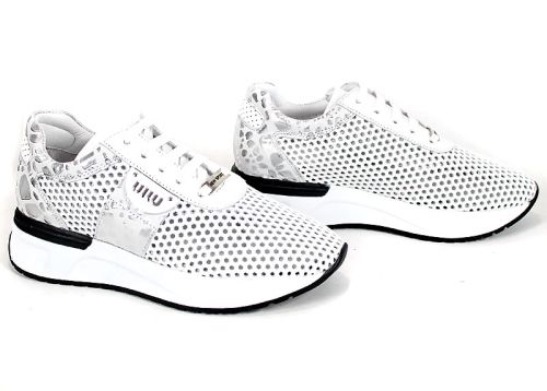 Sneakers damă Soft Edge din piele naturală albă cu detalii leopard argintiu