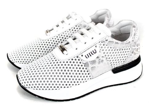 Sneakers damă Soft Edge din piele naturală albă cu detalii leopard argintiu