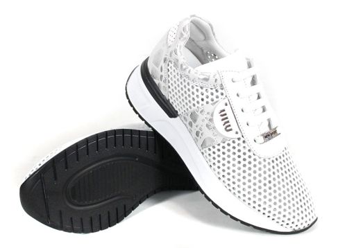 Sneakers damă Soft Edge din piele naturală albă cu detalii leopard argintiu