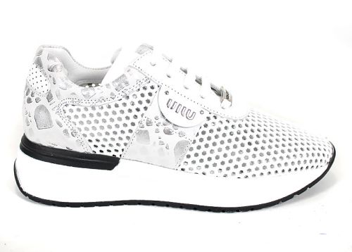 Sneakers damă Soft Edge din piele naturală albă cu detalii leopard argintiu