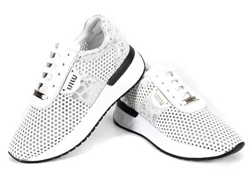 Sneakers damă Soft Edge din piele naturală albă cu detalii leopard argintiu