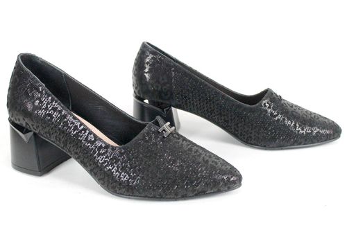 Pantofi eleganți de damă din piele naturală neagră cu perforație și toc stabil