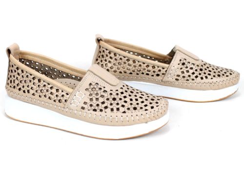 Pantofi damă Mira Flow Beige din piele naturală perforată