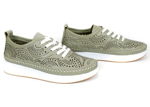 pantofi de vară damă Luna Soft din piele naturală verde scorpion cu perforație