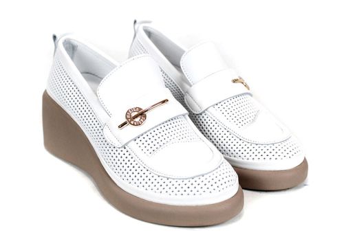 City Aura – pantofi de damă de vară din piele naturală albă cu platformă tip pană