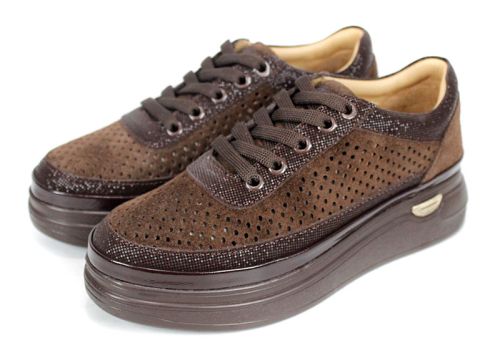 Bella Form – pantofi de damă de vară din piele naturală întoarsă perforată, maro închis