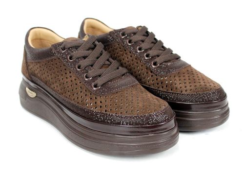 Bella Form – pantofi de damă de vară din piele naturală întoarsă perforată, maro închis