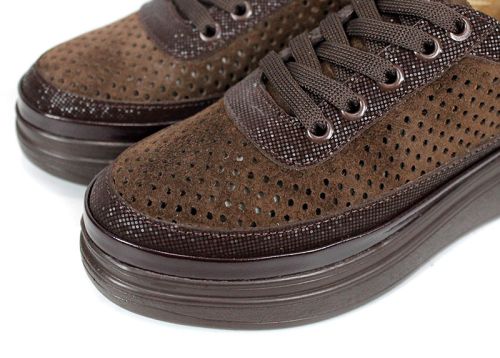 Bella Form – pantofi de damă de vară din piele naturală întoarsă perforată, maro închis