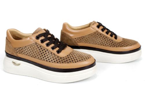 Pantofi damă Bella Form din velur natural maro deschis cu perforații