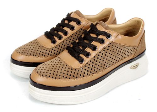 Bella Form – pantofi damă de vară din velur natural perforat, maro deschis