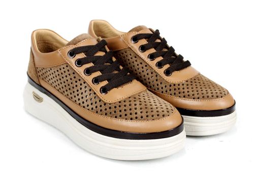 Bella Form – pantofi damă de vară din velur natural perforat, maro deschis