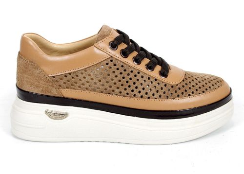 Bella Form – pantofi damă de vară din velur natural perforat, maro deschis