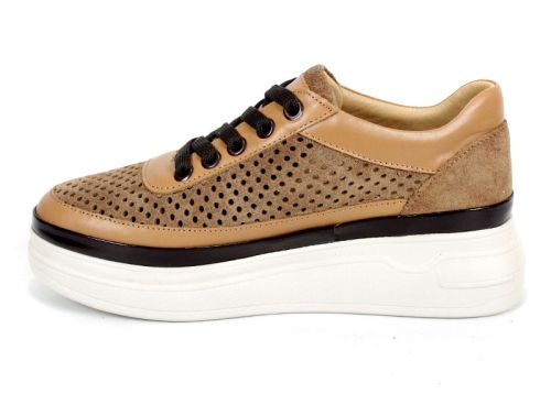 Bella Form – pantofi damă de vară din velur natural perforat, maro deschis