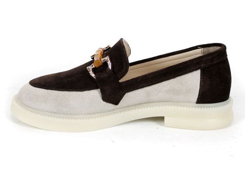 Lora Line – mocasini damă din velur natural bej și maro închis