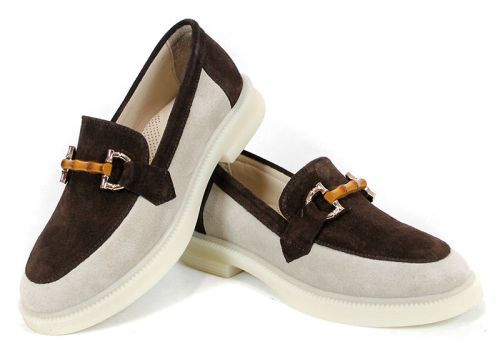 Lora Line – mocasini damă din velur natural bej și maro închis