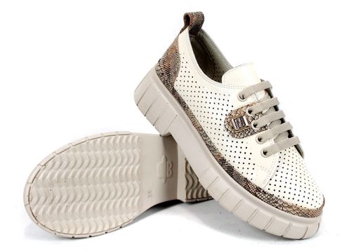 pantofi dama Nova Grace albi cu talpă bej și branț din piele