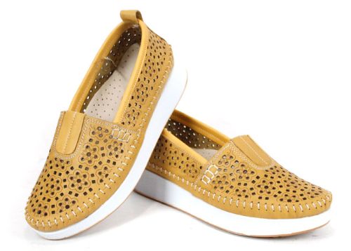 pantofi damă comozi piele naturală muștar cu talpă albă Mira Flow
