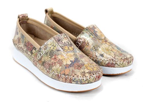 Mira Flow – pantofi de damă din piele naturală cu imprimeu floral bej