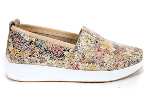 Mira Flow – pantofi de damă din piele naturală cu imprimeu floral bej