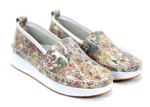 Mira Flow – pantofi de damă din piele naturală cu imprimeu floral alb