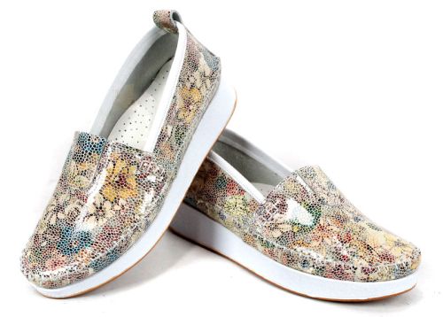 pantofi dama casual piele naturala Mira Flow model floral alb