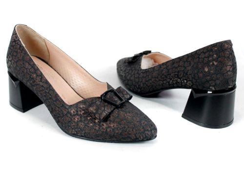 pantofi dama Serena Vento piele naturala imprimeu animal maro negru toc gros