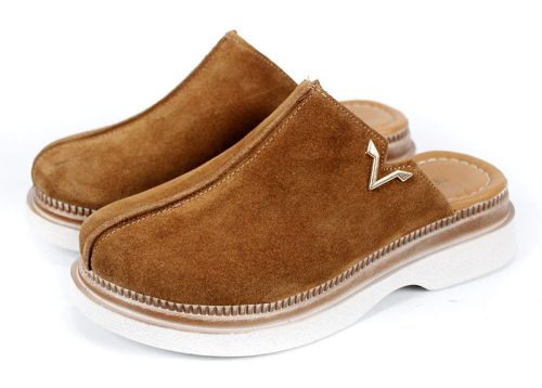 Sabot dama Velvet Step – piele velur moale, nuanță maro deschis