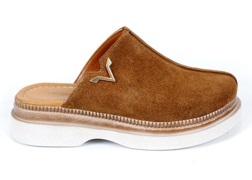 Sabot dama Velvet Step – piele velur moale, nuanță maro deschis