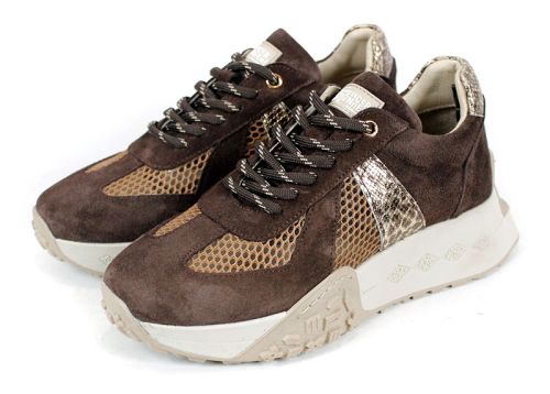 Celine Viora – sneakers damă din piele velur și material textil, maro închis