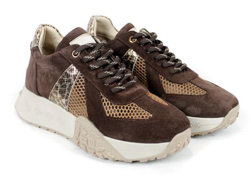 Celine Viora – sneakers damă din piele velur și material textil, maro închis