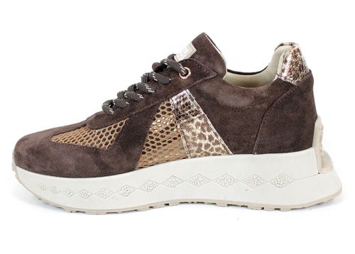 Celine Viora – sneakers damă din piele velur și material textil, maro închis